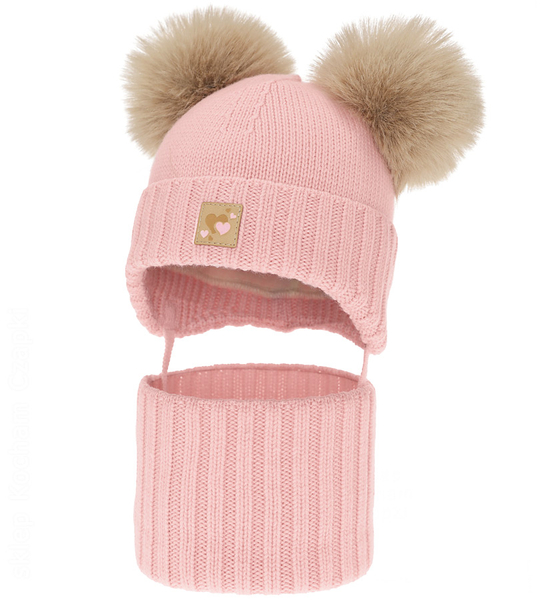 Czapka i komin dla dziewczynki, 100% merino, z polarem wełnianym, Norina, różowy (02), 48-50 cm