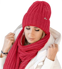 Czapka i szalik damski, modny komplet zimowy, Limda, czerowny, 56-59 cm