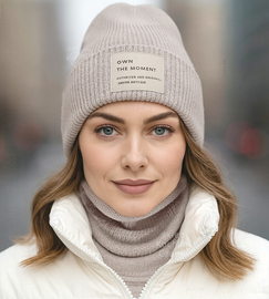 Komplet czapka i komin, damski zimowy wełniany,  merino 100%, Gabrid, beżowy jasny, 56-60 cm