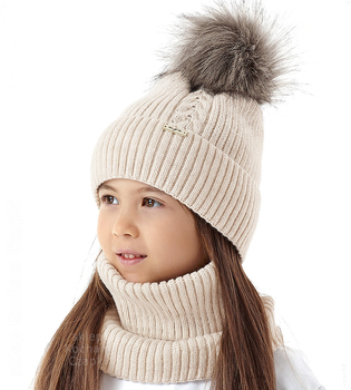 Czapka z futerkowym pomponem dla dziewczynki, Koralia, beżowa, 53-56 cm