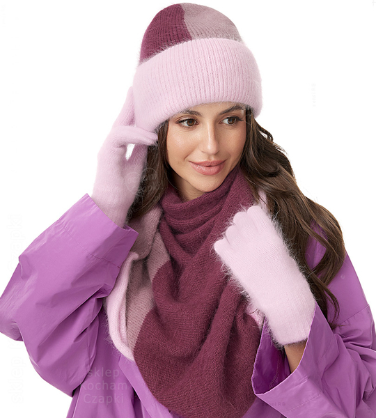 Czapka zimowa i chusta zimowa, komplet damski z angory, Nibela, bordowy, 55-60 cm
