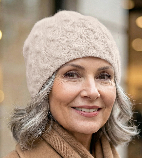 Czapka damska z wełny merino i kaszmiru, jesienna/zimowa, Elitana, bardzo jasny beż, 54-56 cm