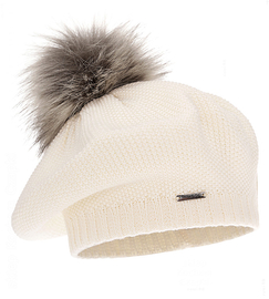 Beret damski, zimowy, z wełną merino, Nobbie, kremowy, 55-58 cm