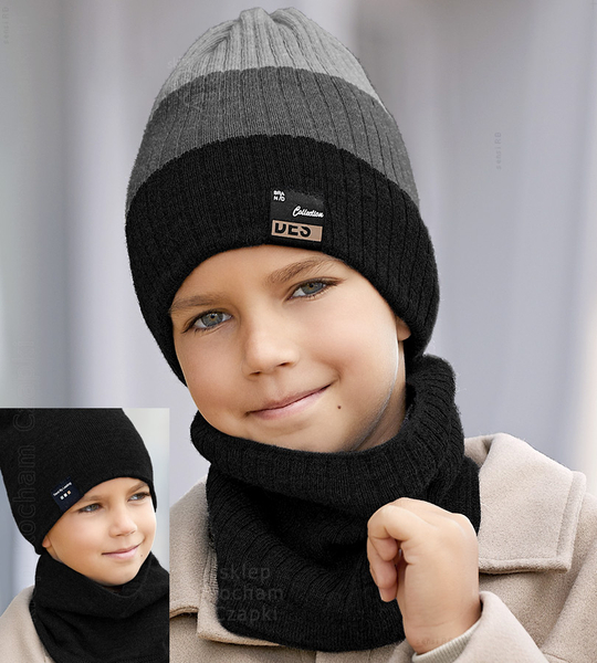 Zimowa czapka i komin, sportowy komplet dla chłopca, Desuno, dwustronny, czarny + szary, 54-60 cm