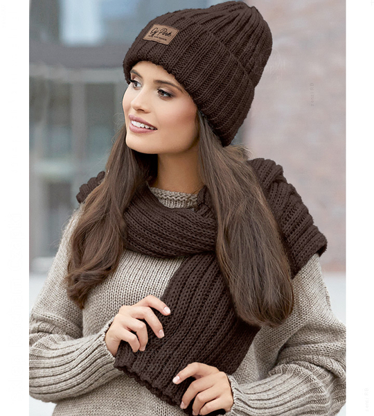 Czapka i szalik damski, komplet zimowy, Gonnesa, brązowy (J2)