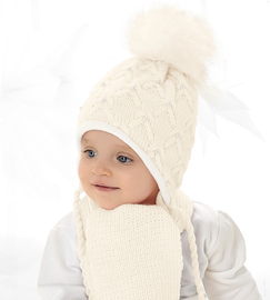 Czapka i szalik dla dziewczynki, zimowy komplet z perełkami, Marima, śmietankowy, 44-46 cm