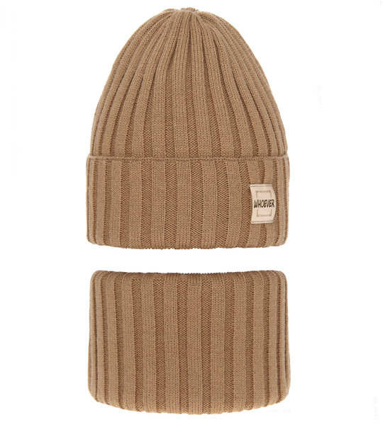 Czapka bez pompona i komin dla dziewczynki, Lusa, karmel, 52-54 cm