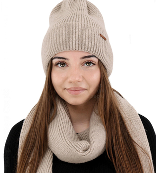Komplet zimowy damski, czapka i szalik, z wełną merino, Alyssa, beżowy (15), 56-60 cm