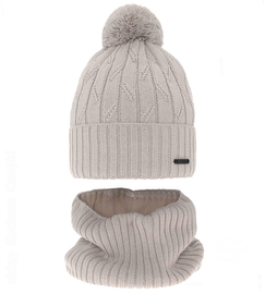 Czapka i komin merino dla chłopca, polar, Latero, beżowa, 55-58 cm