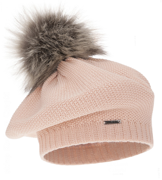  Beret damski, zimowy, z wełną merino, Nobbie, róż pudrowy jasny, 55-58 cm