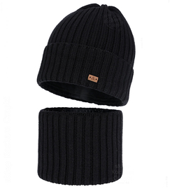 Czapka i komin dla chłopca, zimowy komplet, 100% wełniany merino, Buerto, czarny, 55-57 cm