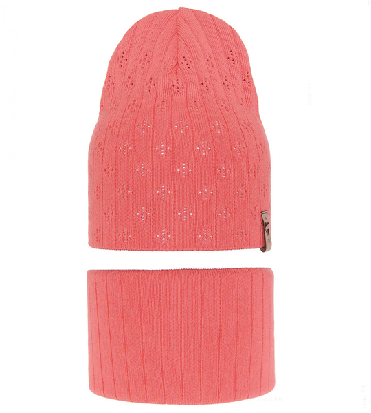 Komplet wiosenny/jesienny dla dziewczynki, czapka i komin, koralowy, Leficity, 50-54 cm
