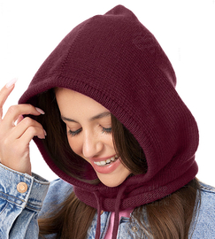 Komin z kapturem damski, kominiarka/kaptur zimowy wełniany, Ruanna, bordowy, 55-60 cm
