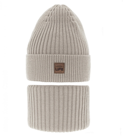 Komplet zimowy dla chłopca: czapka i komin, Sabilio, szaro-beżowy (12), 48-50 cm