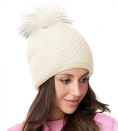 Czapka Damska z Wełny Merino i z Pomponem z Jenota, Makaria, kremowa, 56-60 cm cm