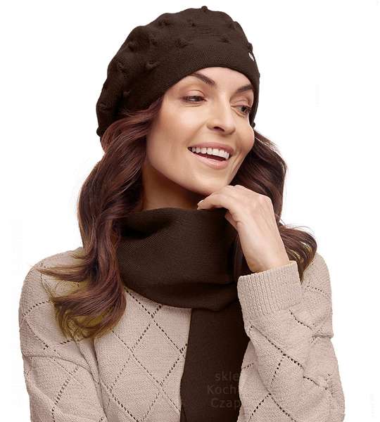 Beret damski zimowy, czapka pieczarka, wełna, Pashu, brązowy, 55-57cm