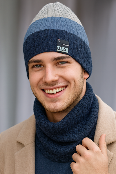 Zimowa czapka i komin, sportowy komplet dla chłopca, Desuno, dwustronny, brąz + beż, 54-60 cm