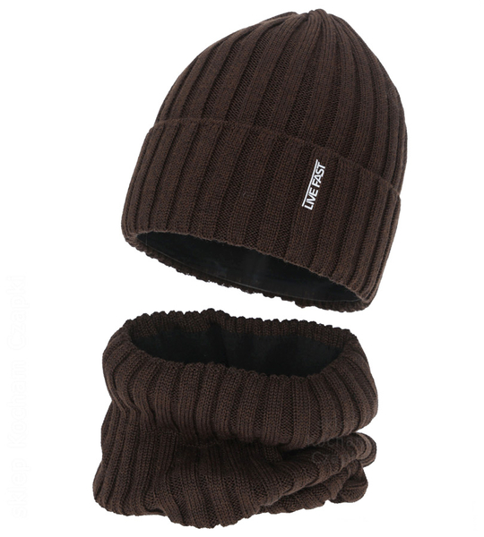Czapka i komin dla chłopca, merino 50%, Nabasco, czekoladowy, 55-57 cm