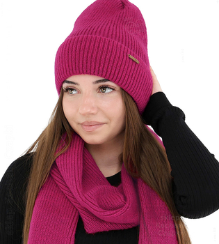 Komplet zimowy damski, czapka i szalik,  z wełną merino, Alyssa, róż amarant, 56-60 cm