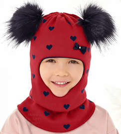 Kominiarka zimowa z dwoma pomponami dla dziewczynki, Gizelda, czerwona,  49-53 cm