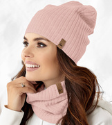 Czapka i komin damski, komplet Catrine, wiosenny-jesienny, róż pudrowy, 55-56 cm