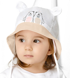 Kapelusz bawełniany dla dziewczynki na lato z uszkami, wiązany, biały + beżowy, Peabea, 44-46 cm