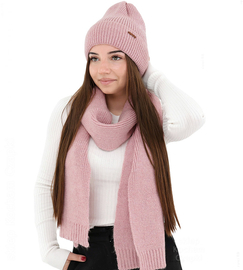 Komplet zimowy damski, czapka i szalik,  z wełną merino, Alyssa, różowy, 56-60 cm