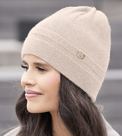 Czapka zimowa damska, elegancka, z wełny 100% merino, Orchidea, beżowy jasny, 55-57 cm