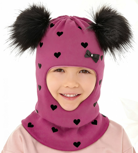 Kominiarka zimowa z dwoma pomponami dla dziewczynki, Gizelda, ciemny róż,  49-53 cm 