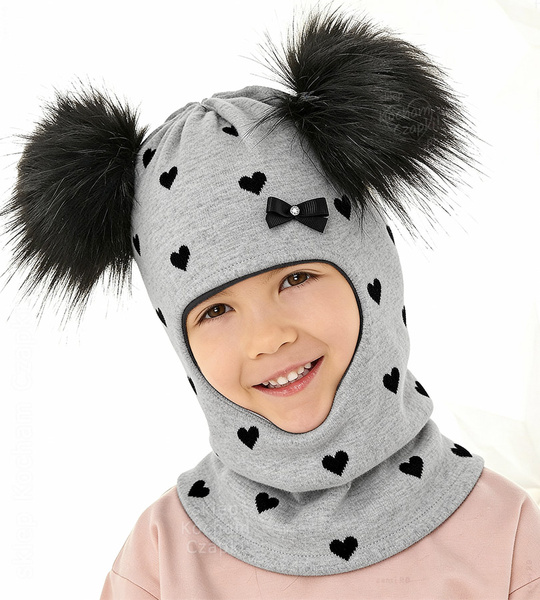 Kominiarka zimowa z dwoma pomponami dla dziewczynki, Gizelda, szara, 49-53 cm 