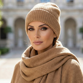 Czapka i szalik z wełny merino i kaszmiru, komplet damski, karmelowy, 55-58 cm