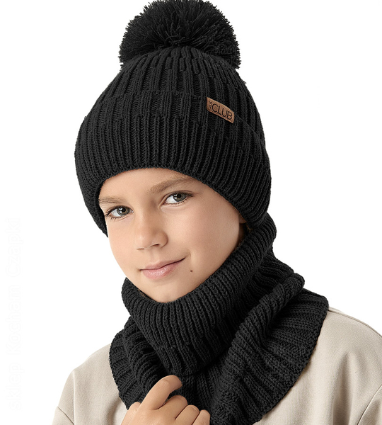 Czapka zimowa z kominem dla chłopca, Benten, czarny, 52-55  cm