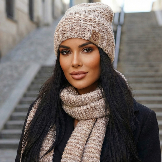  Czapka z polarem i szalik, komplet zimowy, Gisele, beżowy melanż, 54-56 cm