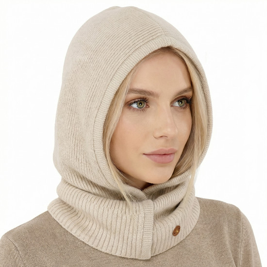 Balaklawa, komin z kapturem z wełny merino i kaszmiru, Rikana, beżowa, 55-62 cm