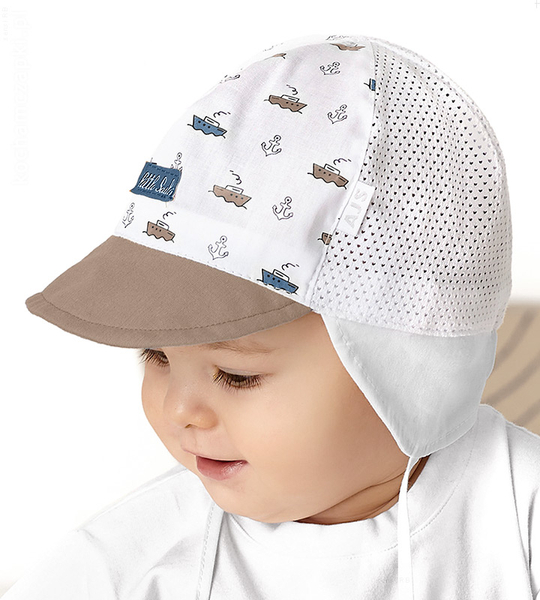 Czapka z daszkiem dla chłopca, z siateczką, wiązana, biały+brąz, Kekere, 47-49 cm