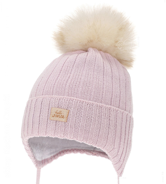 Czapka niemowlęca na zimę dla dziewczynki, merino, Sabma, wrzosowa, 38-40 cm