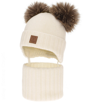 Czapka i komin dla chłopca, wełniany komplet 100% merino, Noovik, kremowy, 48-50 cm