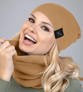 Dzianinowa czapka i komin damski, Nobia, kamel, 54-57 cm