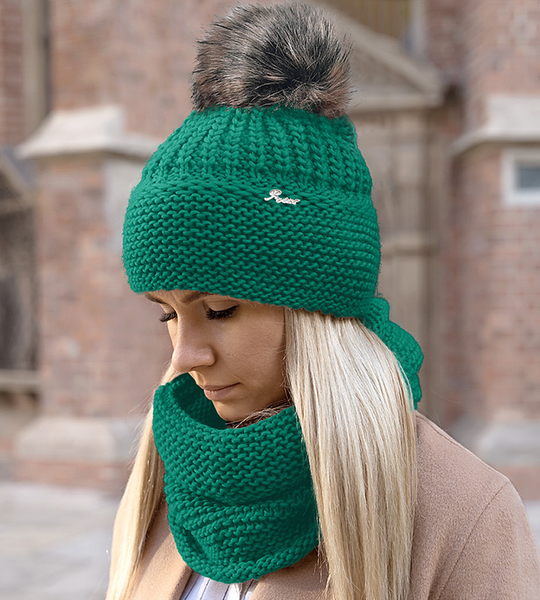 Komplet czapka i komin damski, zimowy, zielony (10), Mauricia, 56-58 cm