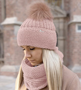 Czapka z pomponem i komin damski zimowy, Mauricia, róż nude (31),  55-57 cm