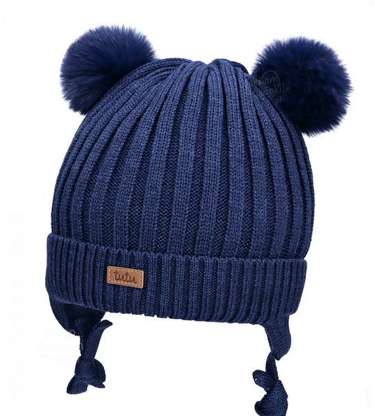 Czapka merino dla chłopca, zimowa z pomponami, Kamino, granatowa, 44-46 cm
