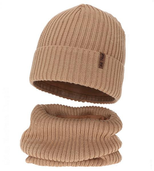 Czapka i komin dla chłopca, z wełną merino, Locton, kamel, 50-52 cm