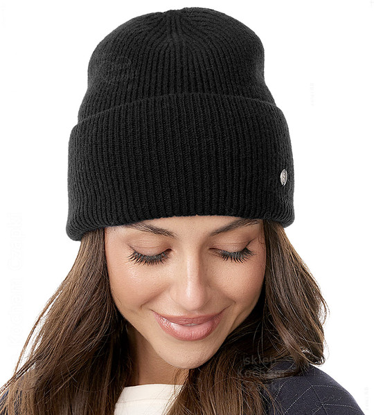  Czapka Damska z Wełny Merino, Erazma, czarna, 55-57 cm