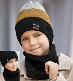 Zimowa czapka i komin, sportowy komplet dla chłopca, Desuno, dwustronny, czarny + musztardowy, 54-60 cm