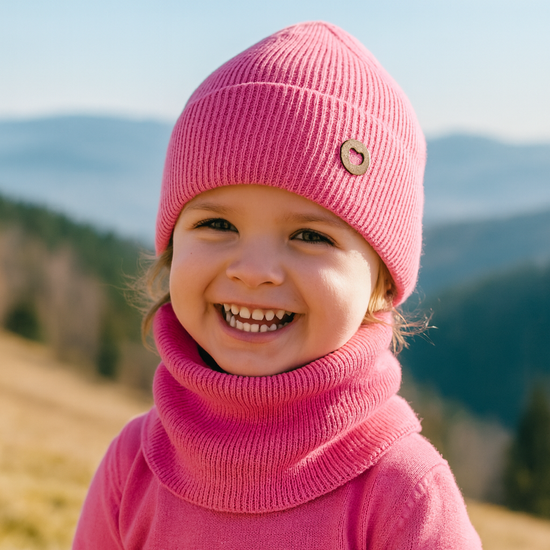 Czapka i komin dla dziewczynki, jesienny/wiosenny komplet wełniany, 100% merino, Corrie, różowy, 48-50 cm
