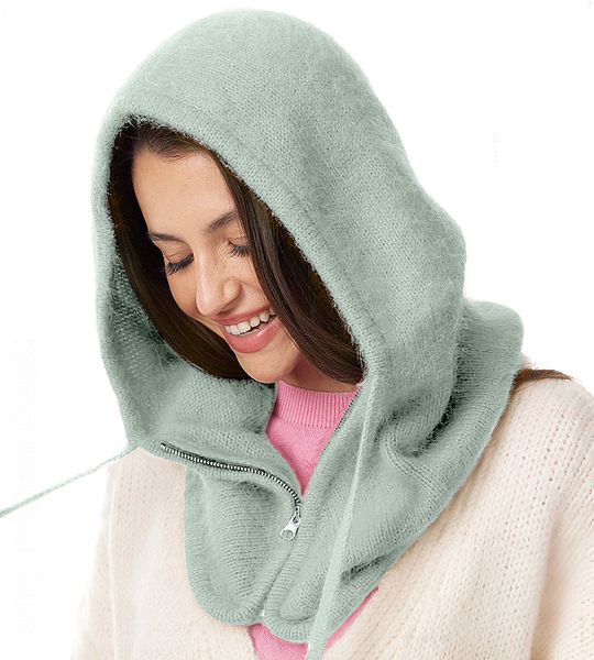 Komin z kapturem damski, kominiarka damska, angora i wiskoza, Farina, miętowy, obw. 55-60 cm