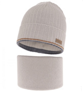 Czapka i komin dla chłopca, komplet jesienny/wiosenny, Noldon, szaro-beżowy (01), 54-56 cm