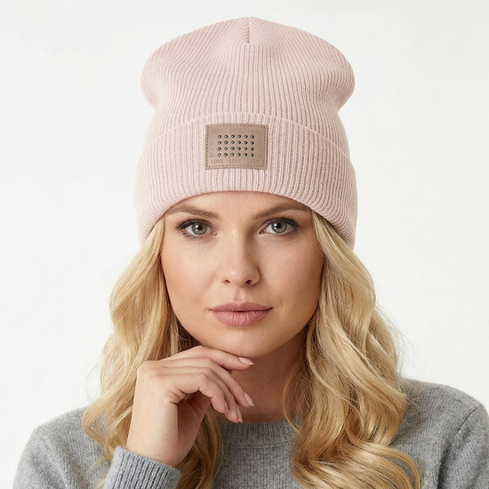 Damska, młodzieżowa czapka Frida, prążek, beżowo-różowy jasny, 56-62 cm