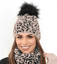 Czapka zimowa z pomponem, damska, panterka Paraiso, alpaka, beż jasny, 55-58 cm
