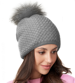 Czapka Damska z Wełny Merino i z Pomponem z Jenota, Makaria, szara, 56-60 cm cm